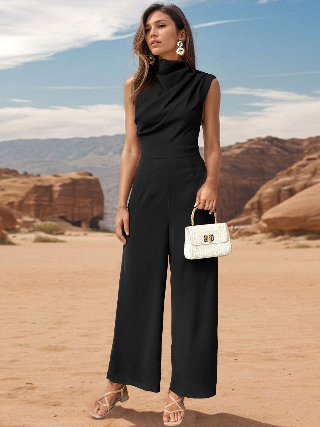 Shawl Neck Basic Jumpsuit in Black synthetic - Nowi Korean Fashion