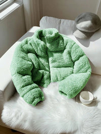 Women's Green Woollen Crop Puffer Jacket Printed Regular Fit