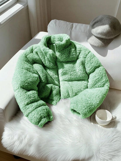 Woollen Crop Puffer Jacket in Green Style 149 - Nowi Korean Fashion