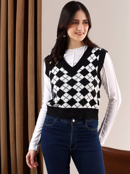 NOWI Women Argyle Printed Woollen Sweater Vest