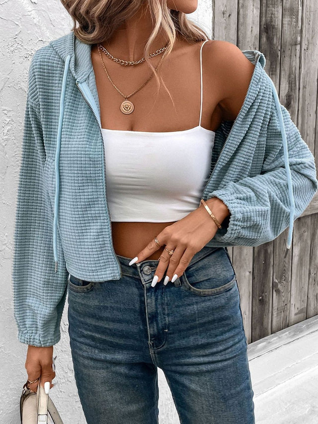 Lightweight Crop Bomber Jacket in Blue - Nowi Korean Fashion