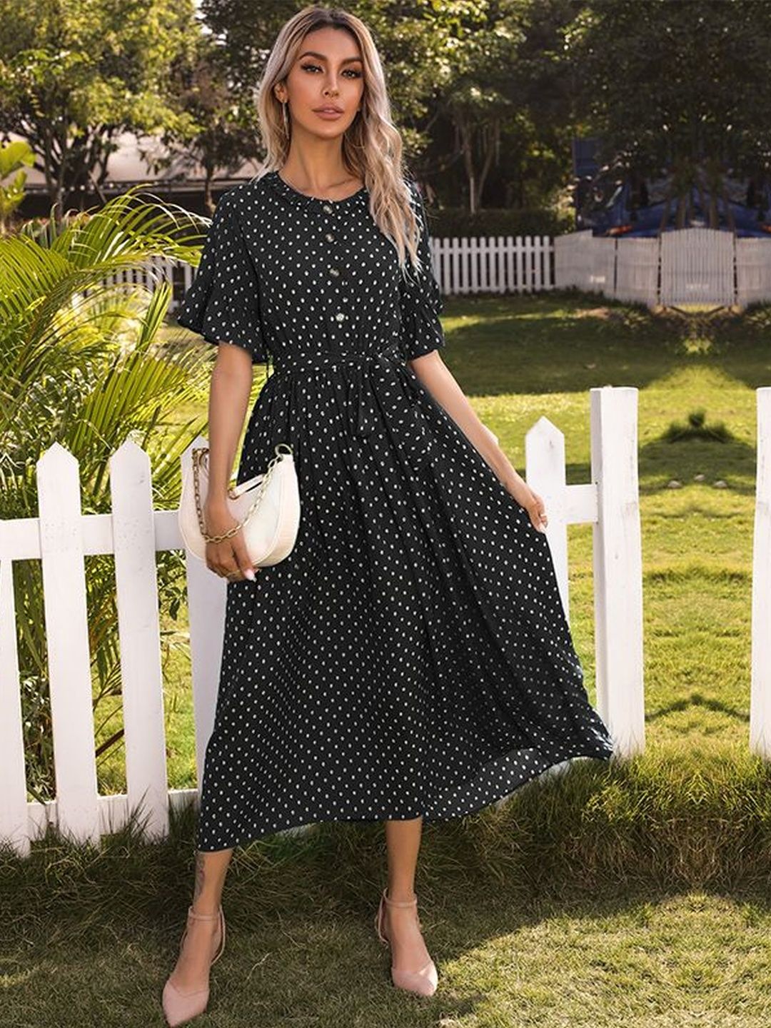 Polka Dot Print Puff Sleeve Fit & Flare Midi Dress