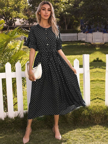Polka Dot Print Puff Sleeve Fit & Flare Midi Dress