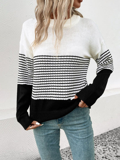 Women's White Striped Colourblocked Pullover