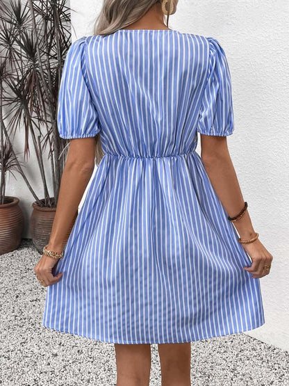 Striped Puff Sleeve A-Line Dress