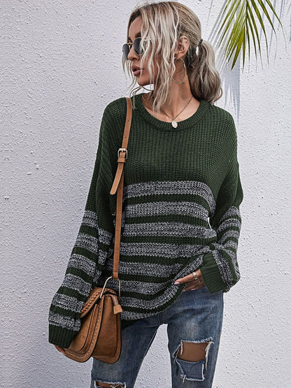 Women's Green Striped Pullover Blend Regular Fit