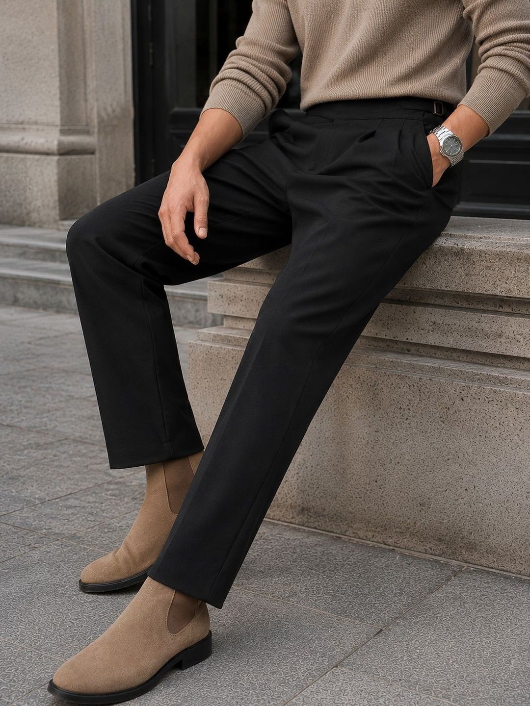 Men Tailored Straight Fit Pleated Trousers
