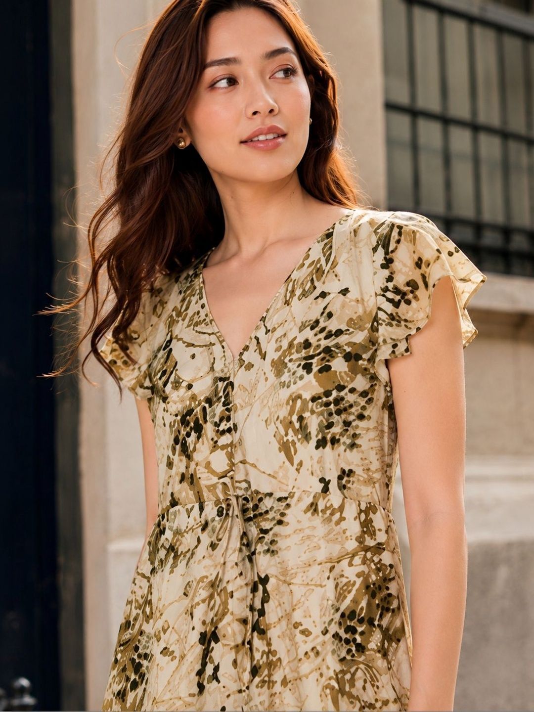 Print Flutter Sleeve Fit & Flare Midi Dress