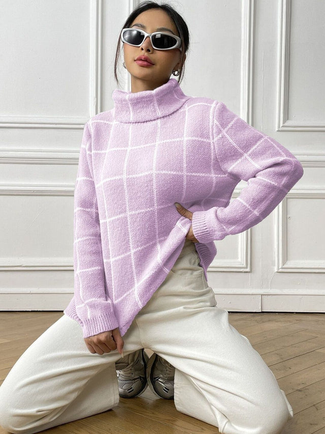 Checked Printed Pullover in Purple acrylic - Nowi Korean Fashion