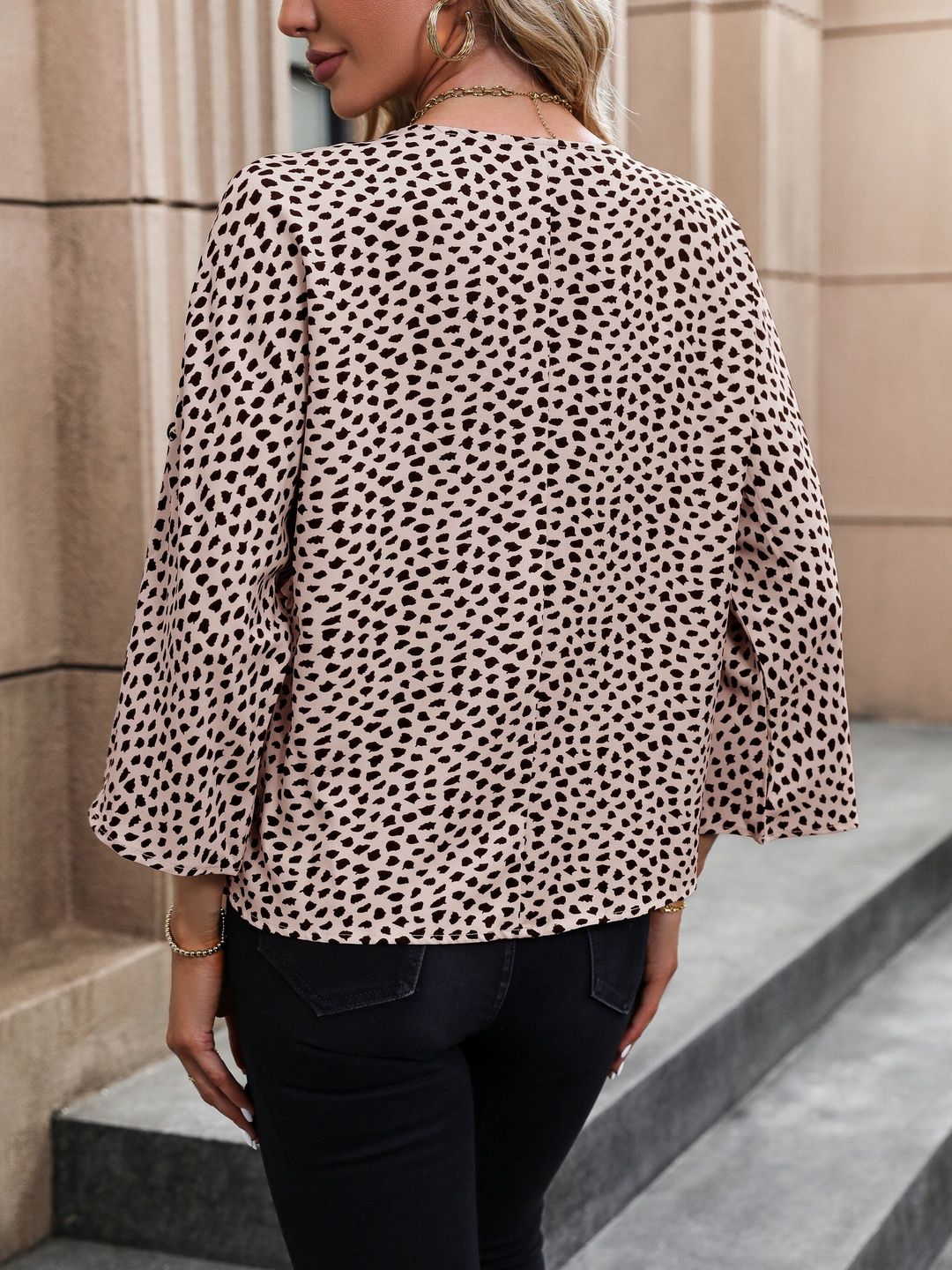 Women's Red Nowi Animal Print Roll-Up Sleeves Top