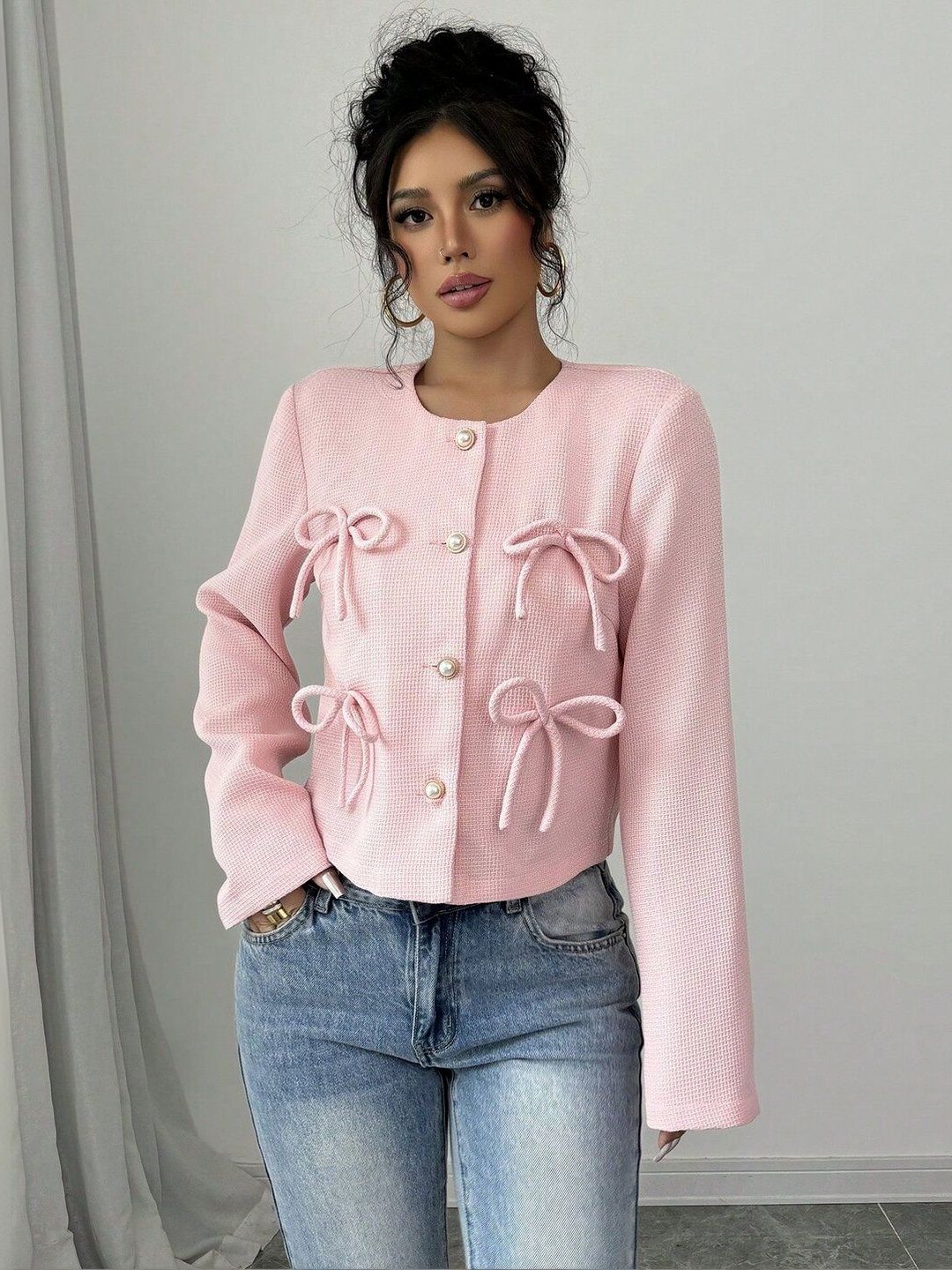 Open Front Jacket in Pink cotton - Nowi Korean Fashion