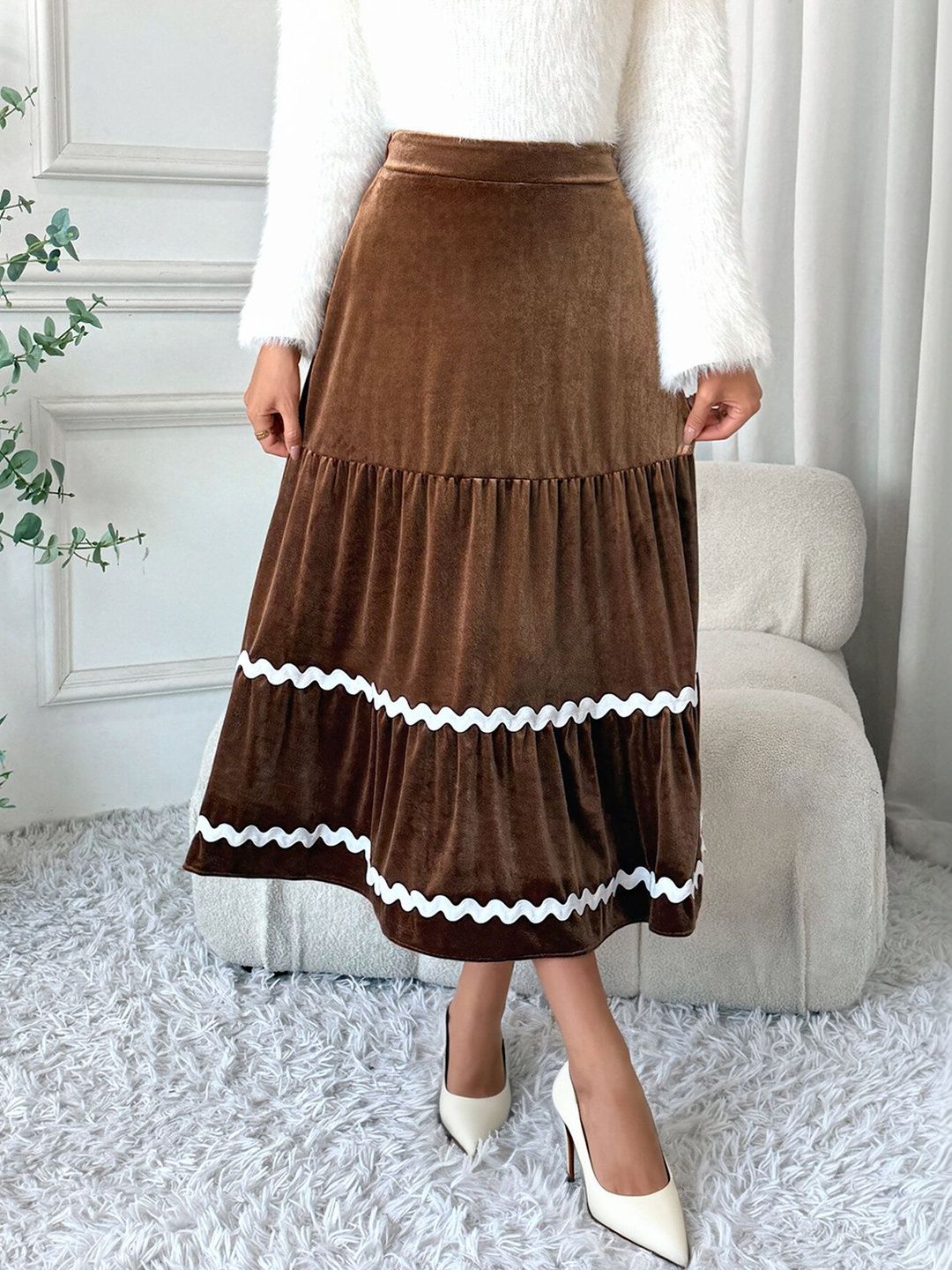 Women Solid Brown Midi Skirt