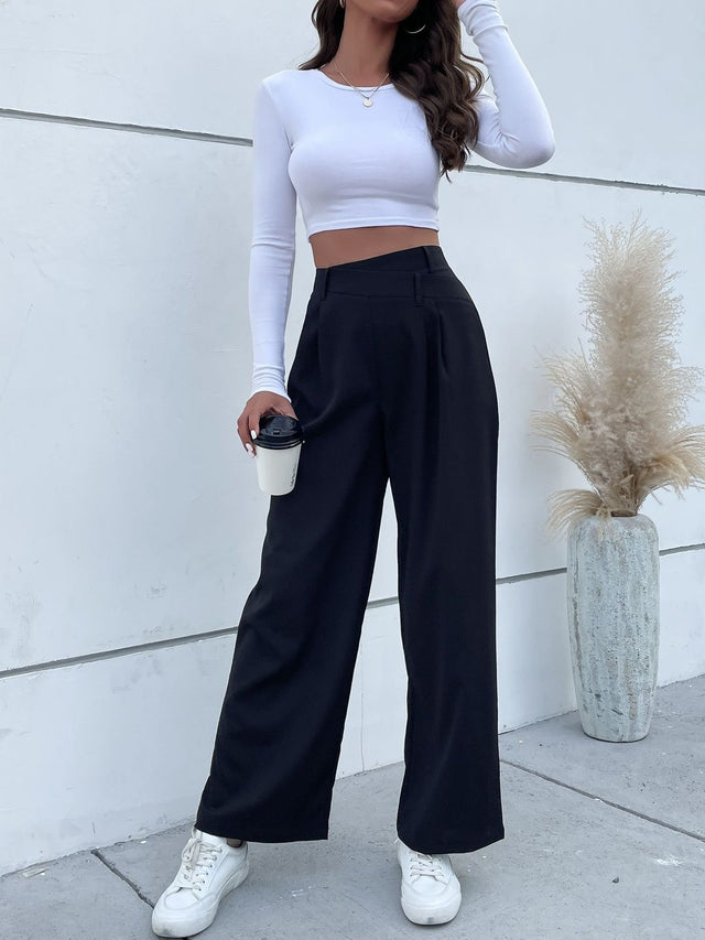 High-Rise Non Iron Pleated Trousers in Black polyester - Nowi Korean Fashion