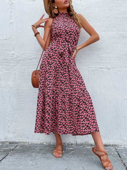 Floral Print Halter Neck A-Line Midi Dress