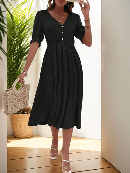 Puff Sleeve A-Line Midi Dress