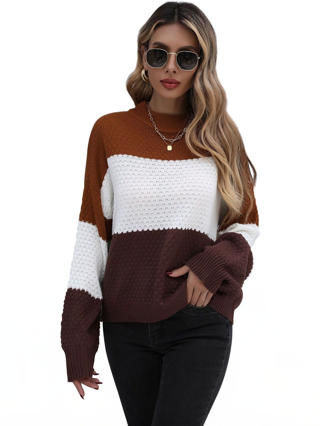 Women's Brown Colourblocked Pullover Blend Printed