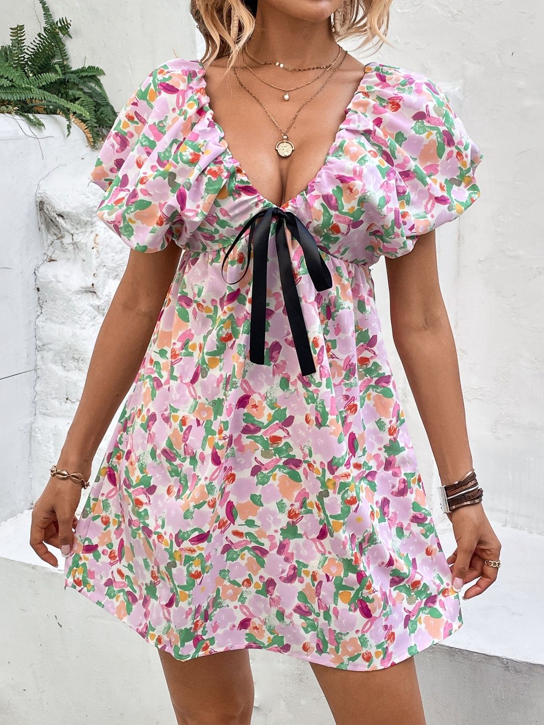Floral Print Puff Sleeve Fit & Flare Mini Dress