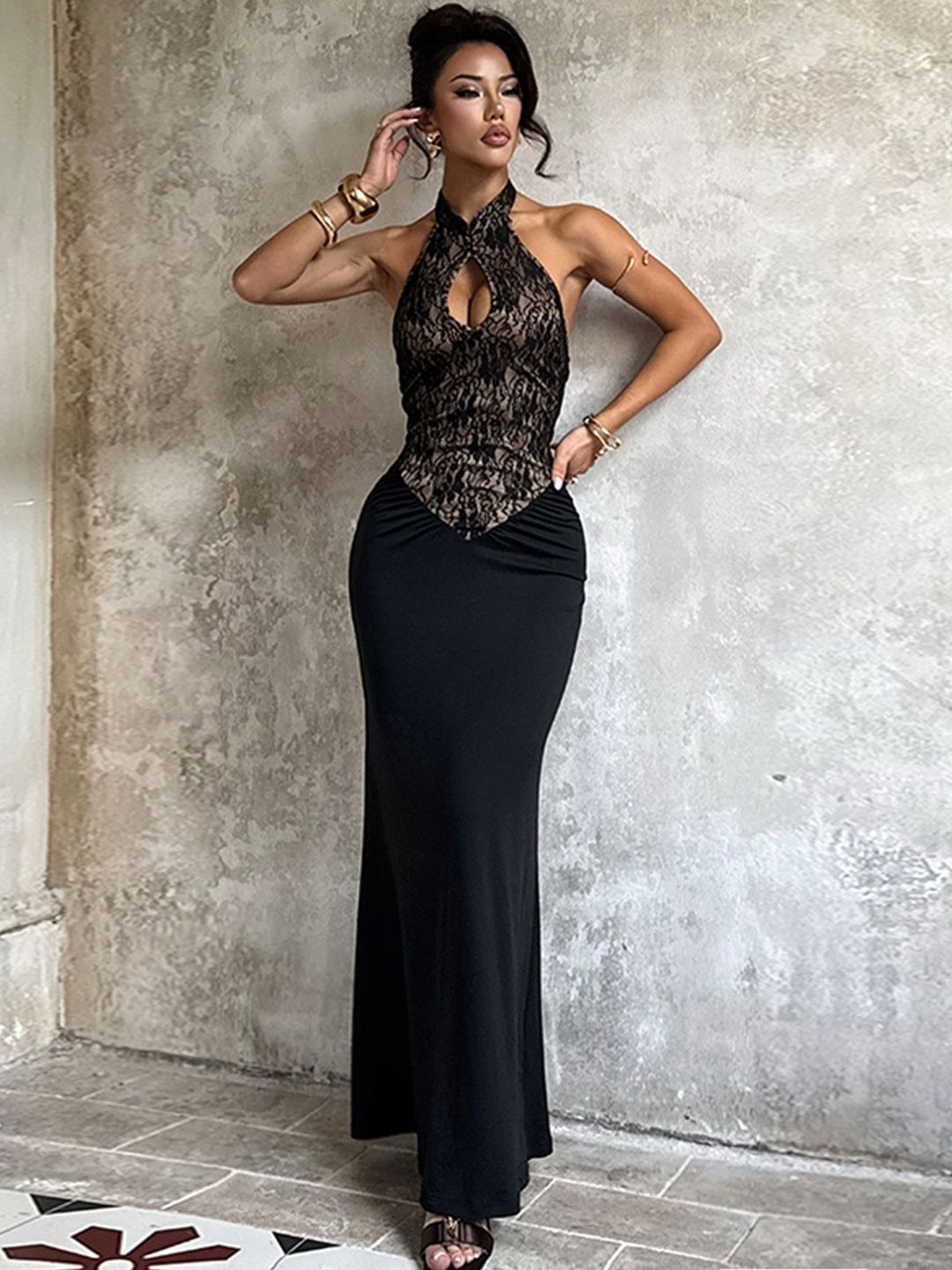 Embroidered Halter Neck Sheath Maxi Dress - Nowi Korean Fashion