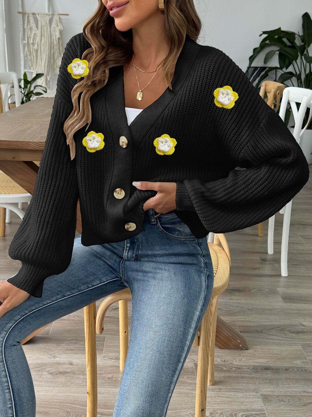 Women Crop Cardigan with Applique Detail