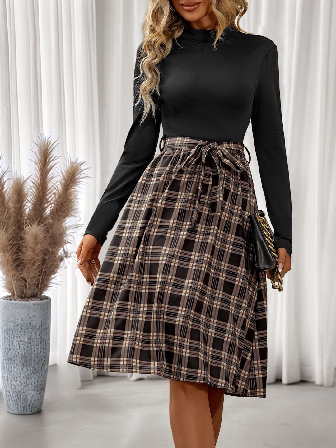 Women's Black Checked Fit & Flare Midi Dress