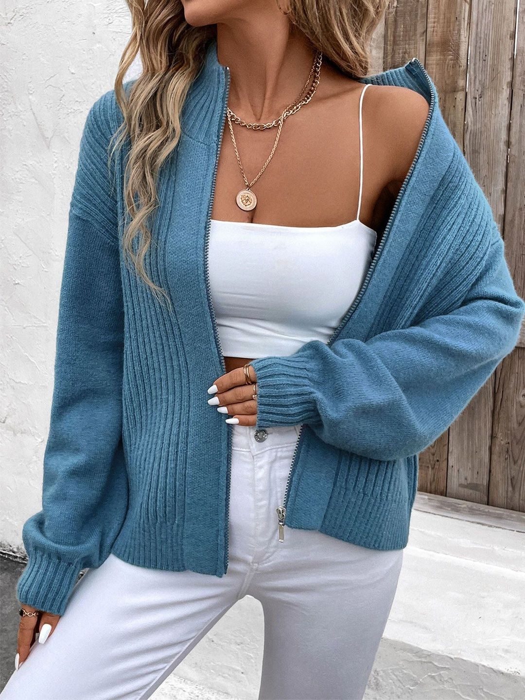 Women's Blue Ribbed Cardigan