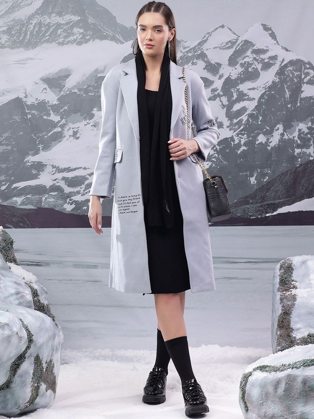 Nowi Typography Printed Single Breasted Coat