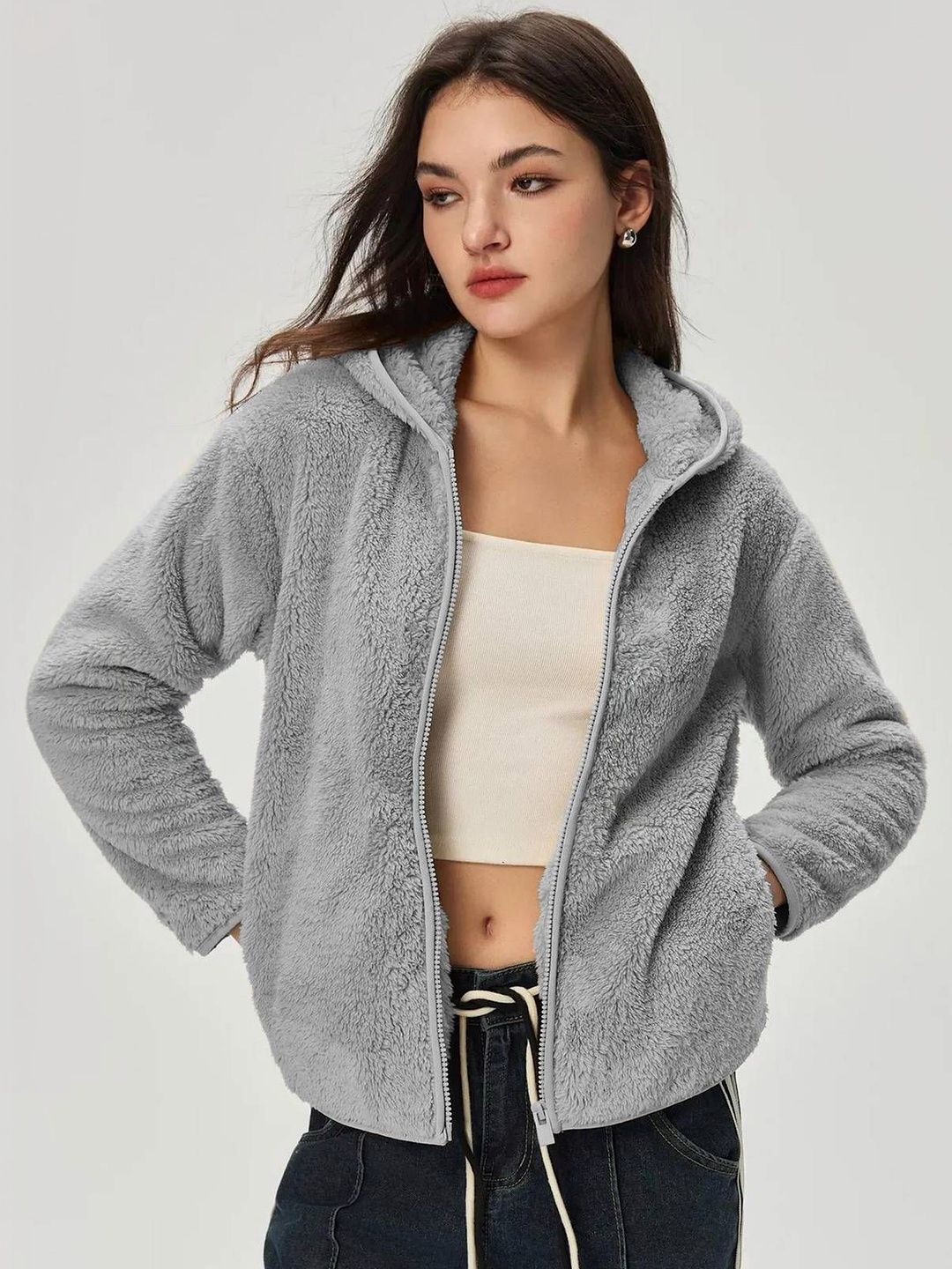 Women's Grey Lightweight Open Front Zip Up Hooded Jacket