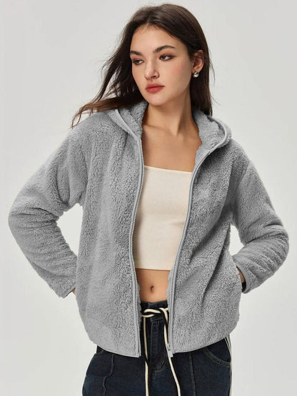 Women's Grey Lightweight Open Front Zip Up Hooded Jacket