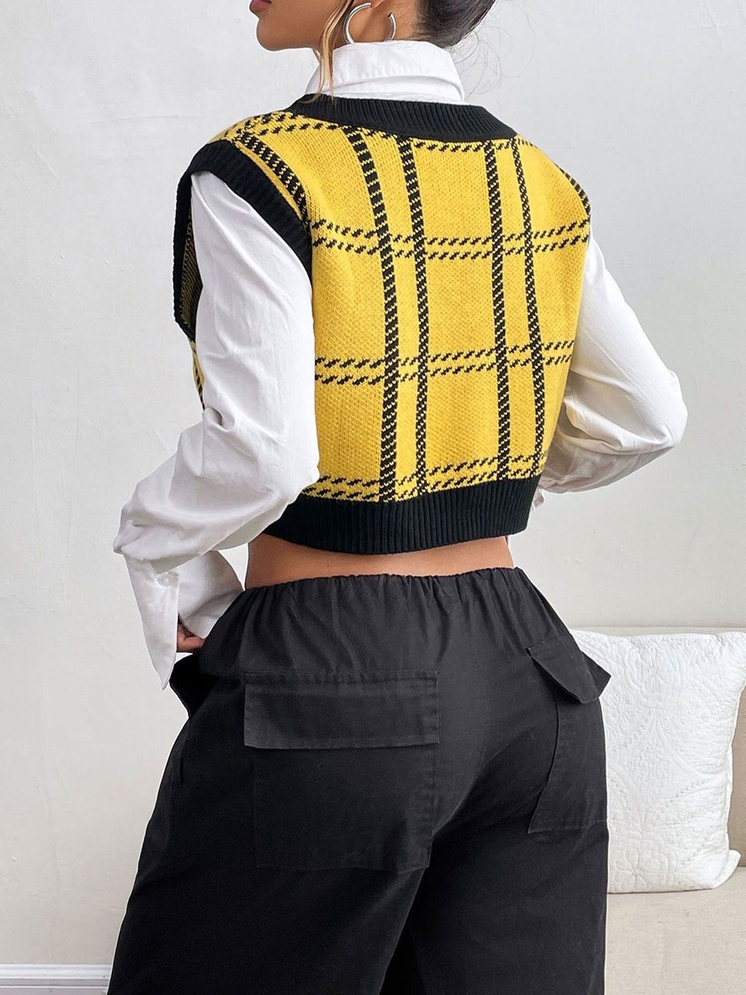 Women's Yellow Checked Crop Sweater Vest