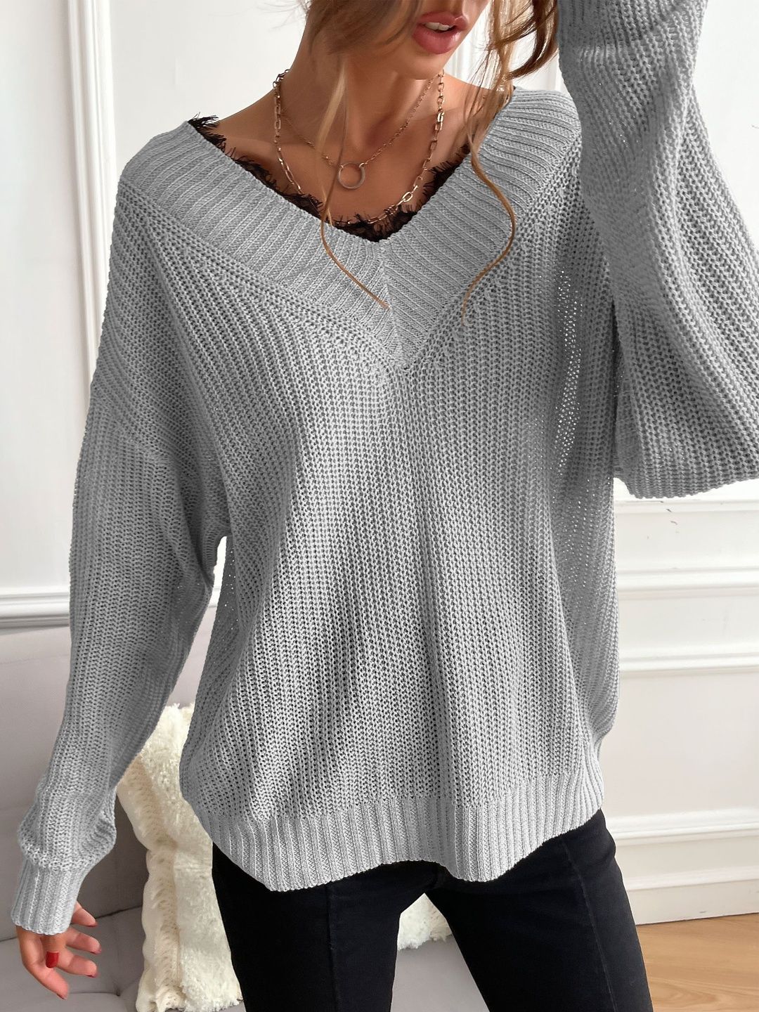 Women's Grey Pullover Blend Printed Regular Fit
