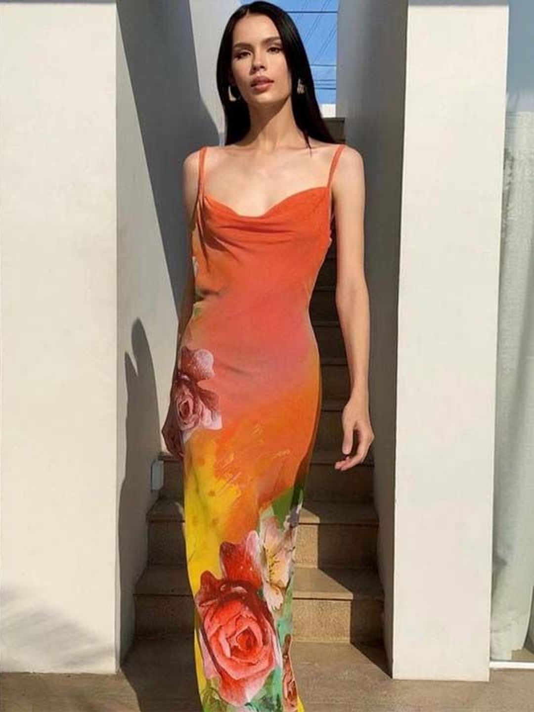 Floral Print Cowl Neck Sheath Maxi Dress