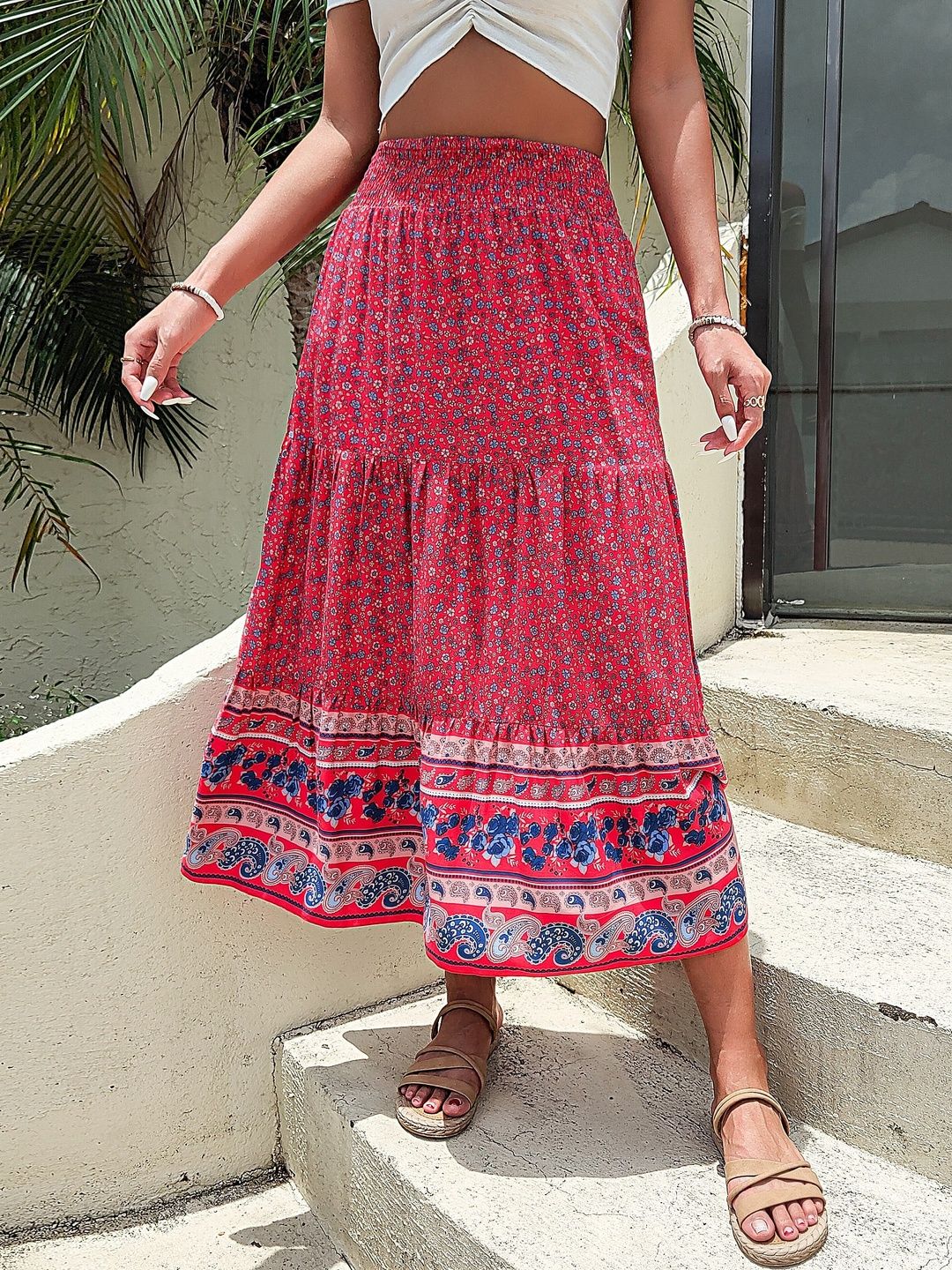 Printed Flared Mid Rise Maxi Skirts