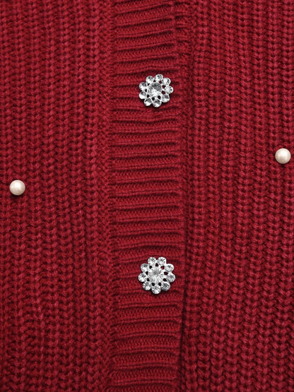 Women's Red Cardigan With Embellished Detail