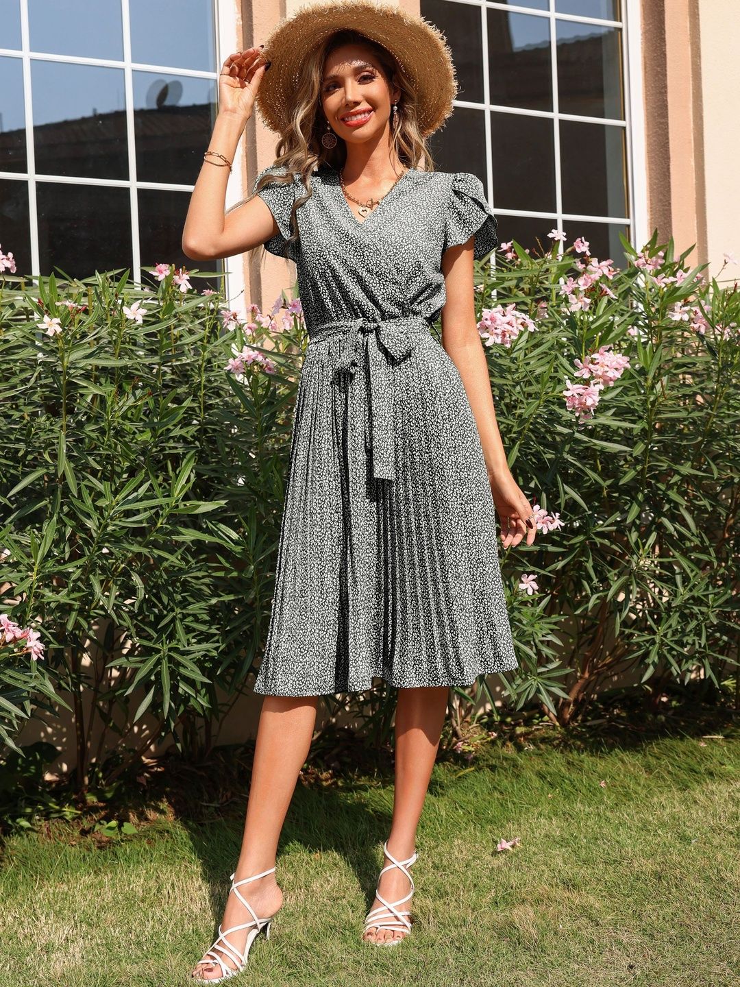Print Puff Sleeve A-Line Midi Dress in Grey synthetic Printed - Nowi Korean Fashion