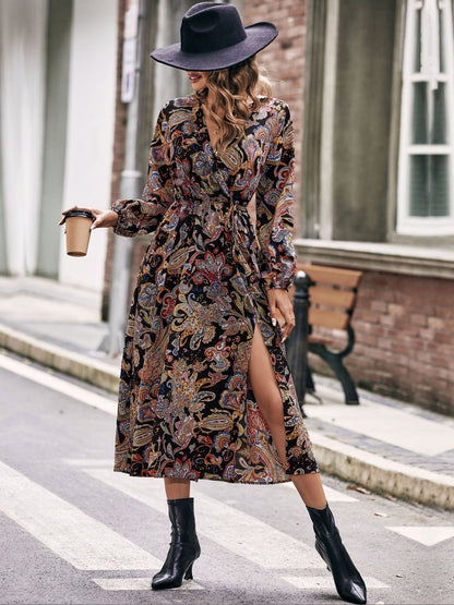 Women's Black Print Midi Dress Blend Printed Regular Fit