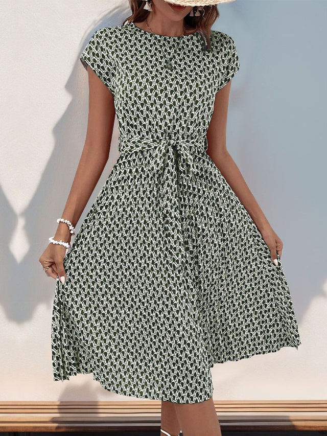 Print Fit & Flare Dress in Green cotton Printed - Nowi Korean Fashion