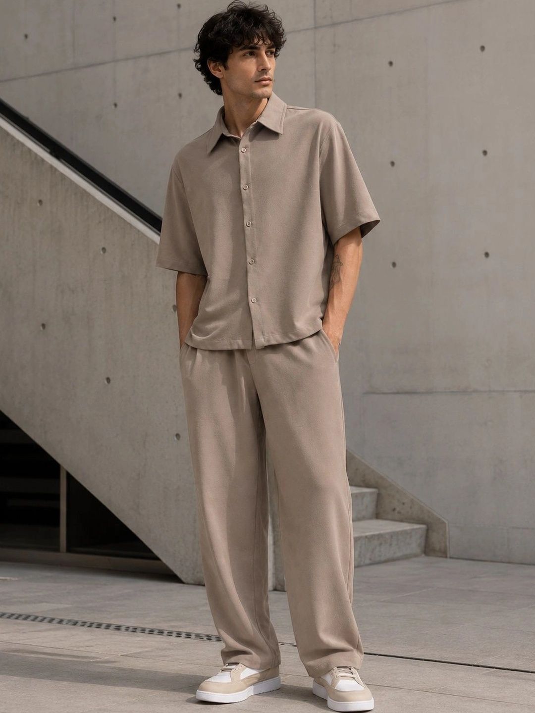 Men Brown Solid Shirt with Trousers Co-Ords