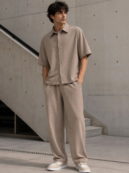 Men Brown Solid Shirt with Trousers Co-Ords