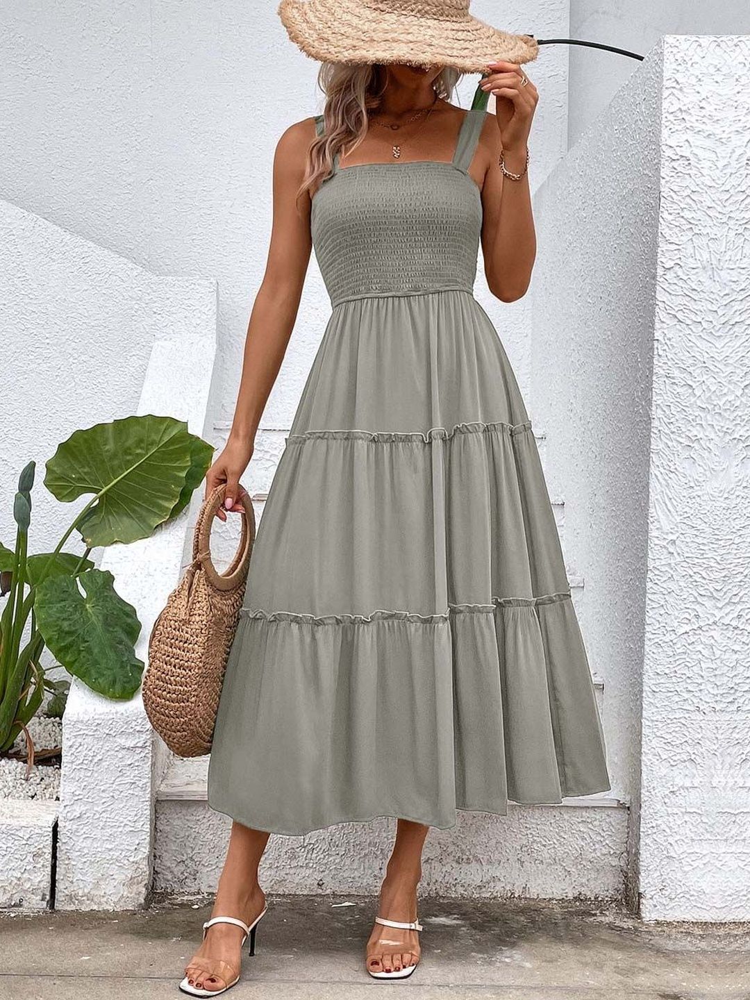 Women's Grey A-Line Midi Dress Blend Printed
