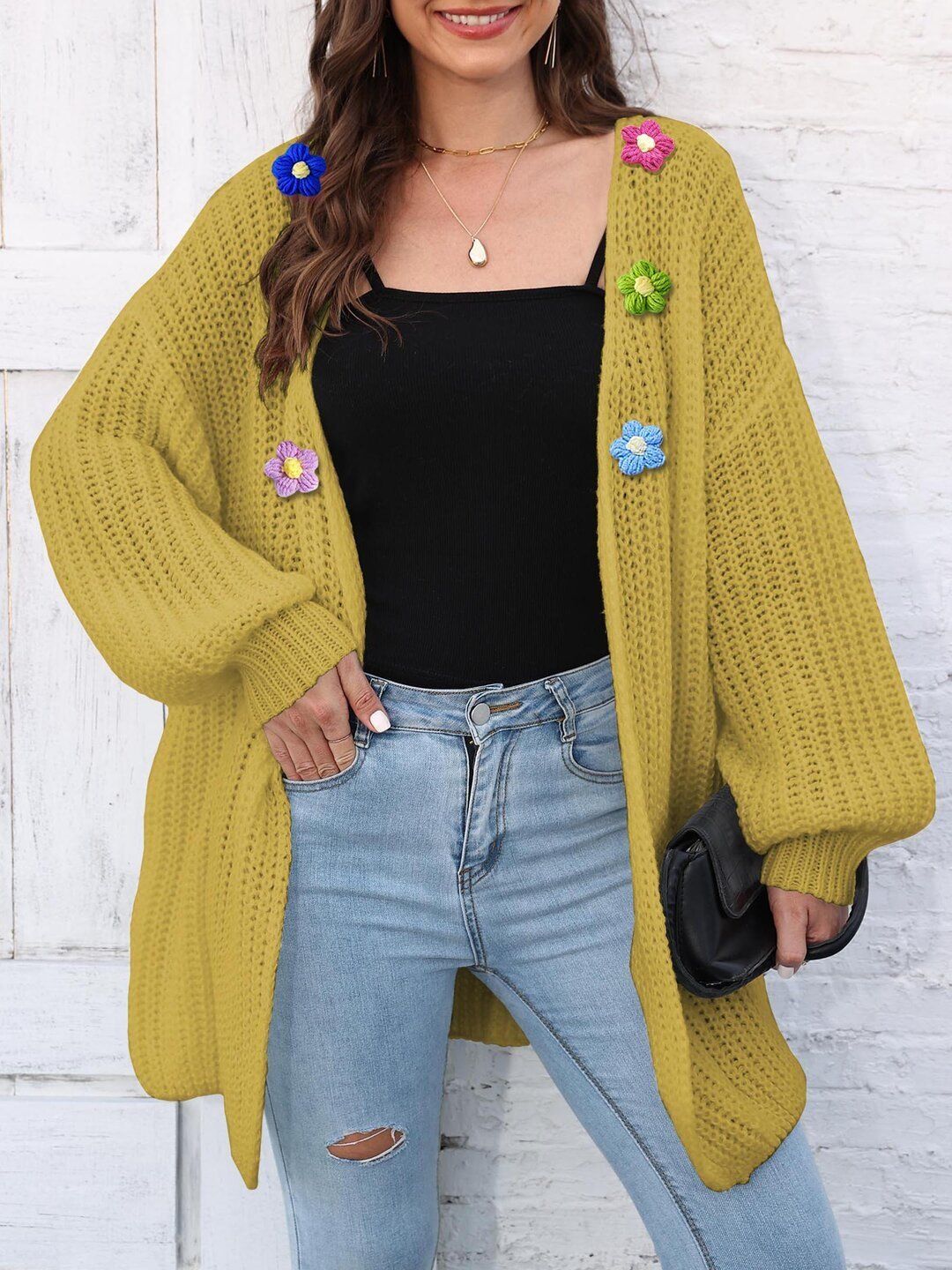 Cardigan with Embellished Detail in Yellow acrylic - Nowi Korean Fashion