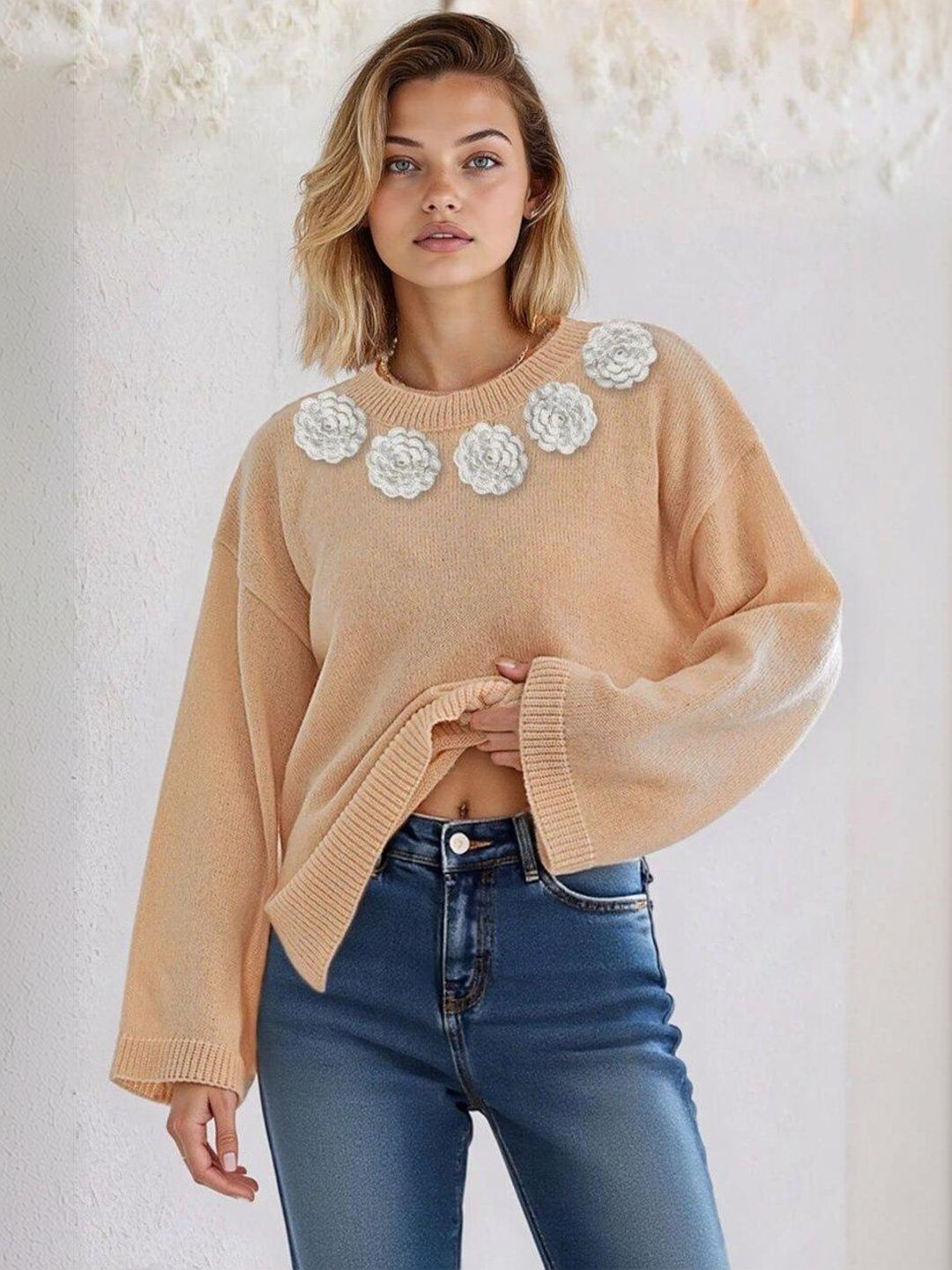 Pullover with Applique Detail in Pink acrylic Style 607 - Nowi Korean Fashion