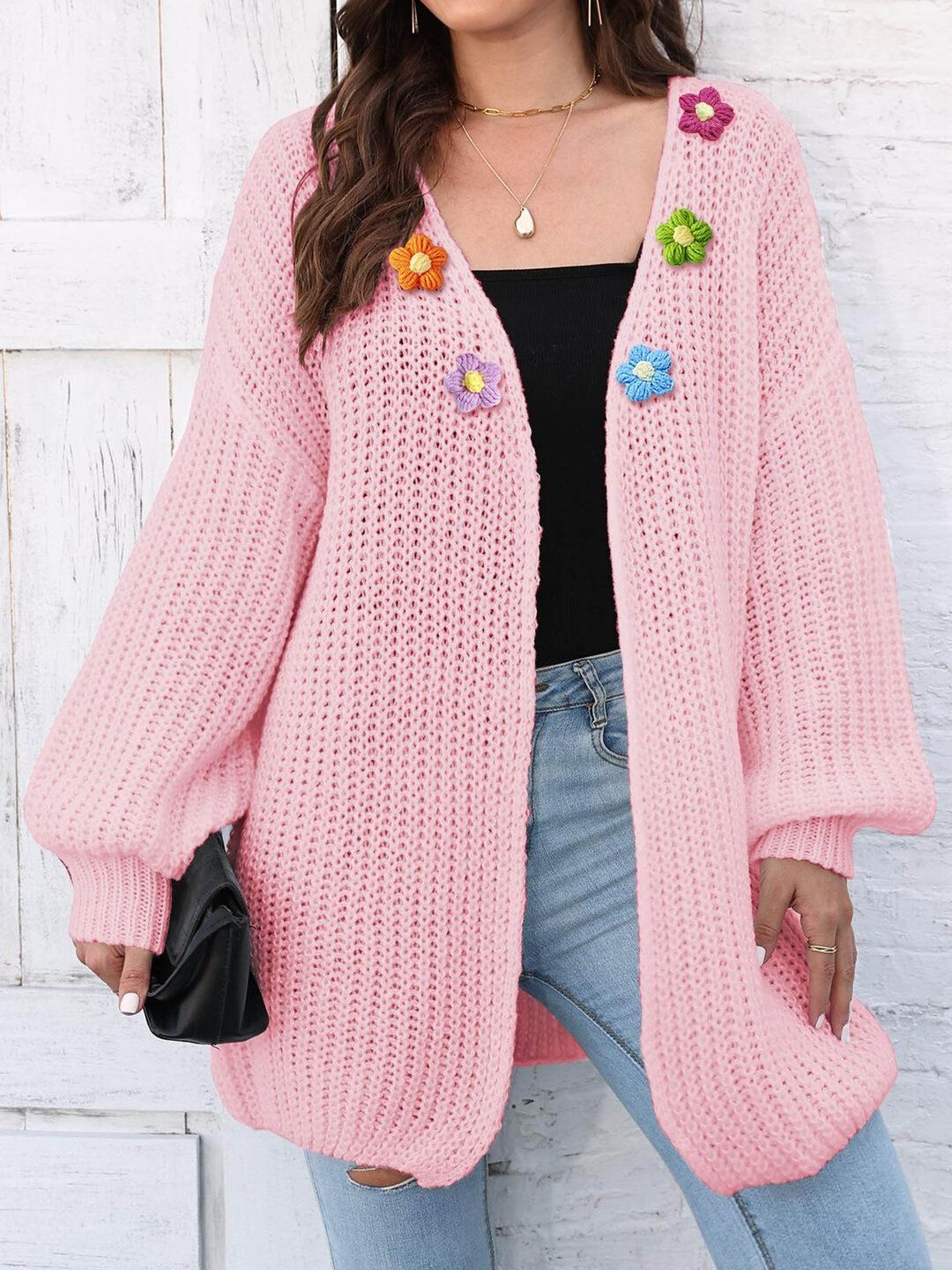 Women Ribbed Cardigan with Applique Detail