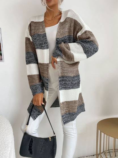 Striped Woollen Cardigan in White - Nowi Korean Fashion