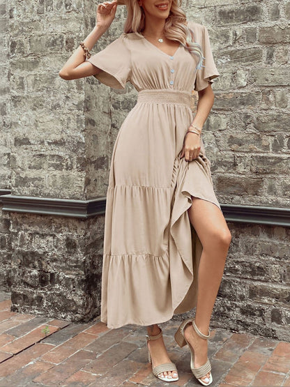Flared Sleeve A-Line Midi Dress in Beige cotton - Nowi Korean Fashion