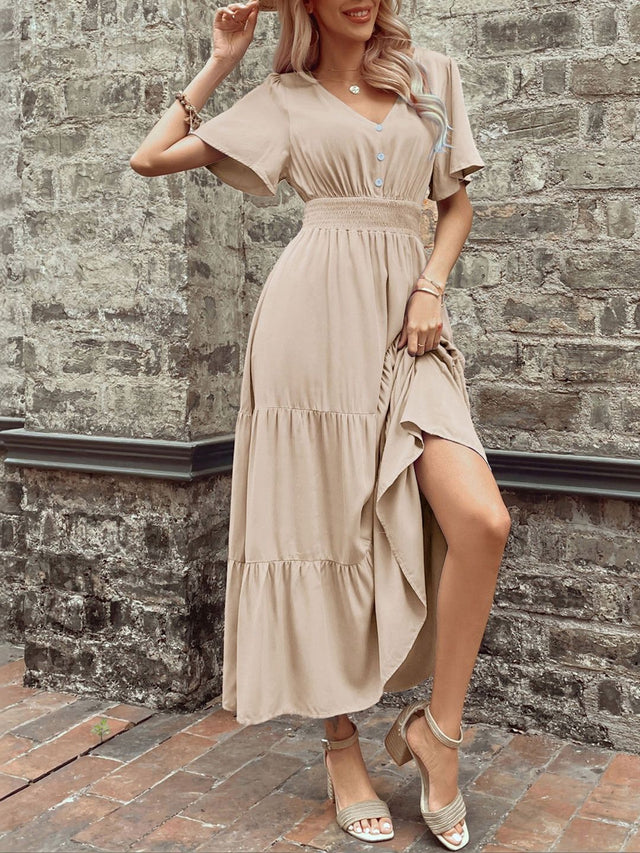 Flared Sleeve A-Line Midi Dress in Beige cotton - Nowi Korean Fashion