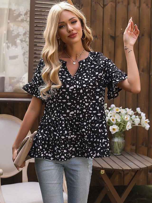 Print Flutter Sleeve Cotton Peplum Top in Black Printed - Nowi Korean Fashion
