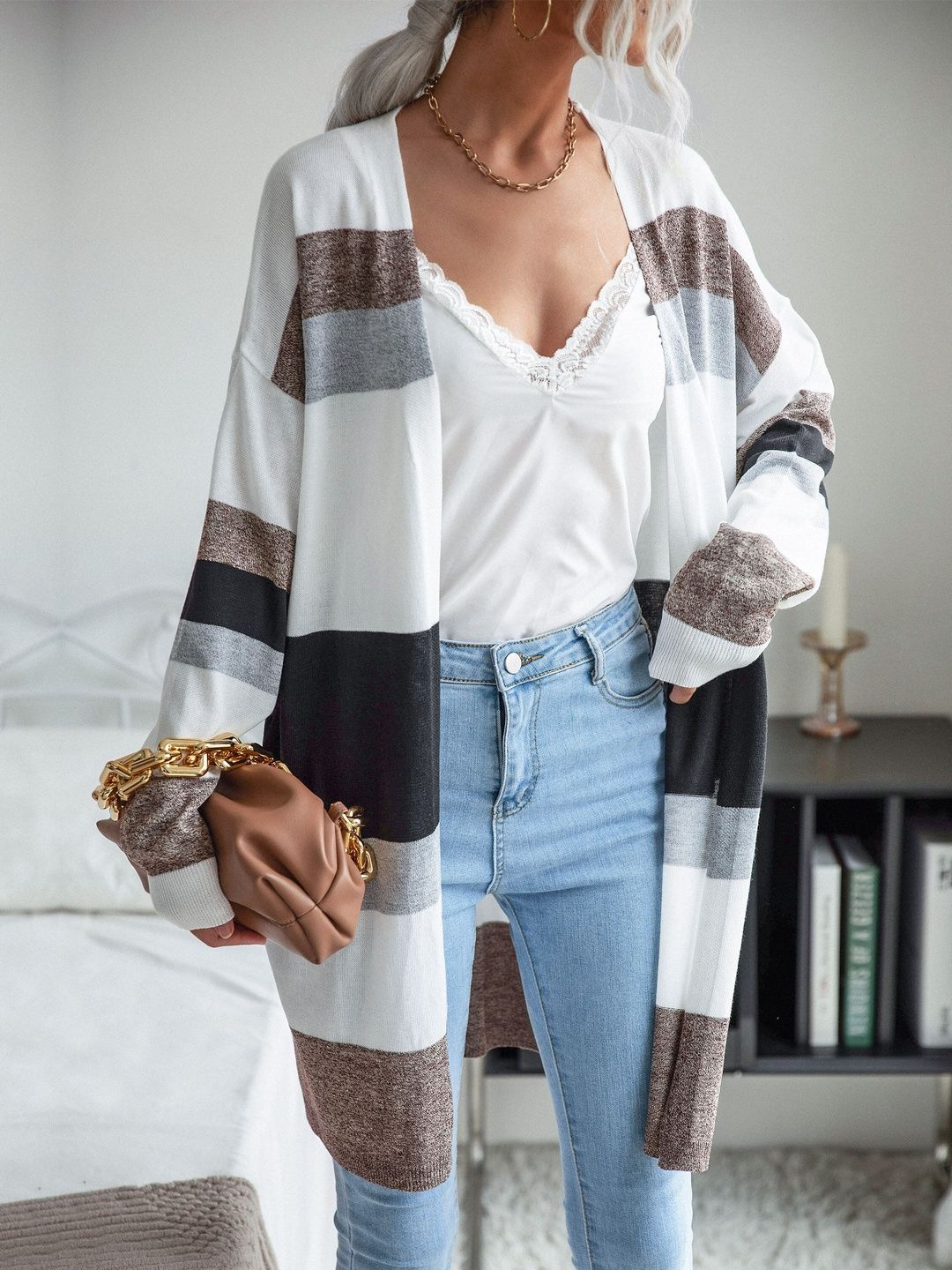 Women's White Colourblocked Cardigan Blend Printed