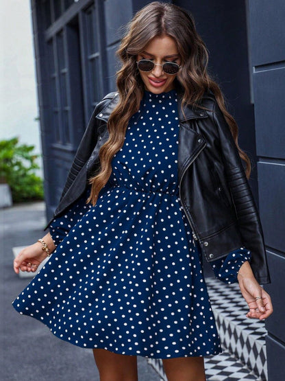 Polka Dot Print Fit & Flare Dress in Blue synthetic Printed - Nowi Korean Fashion