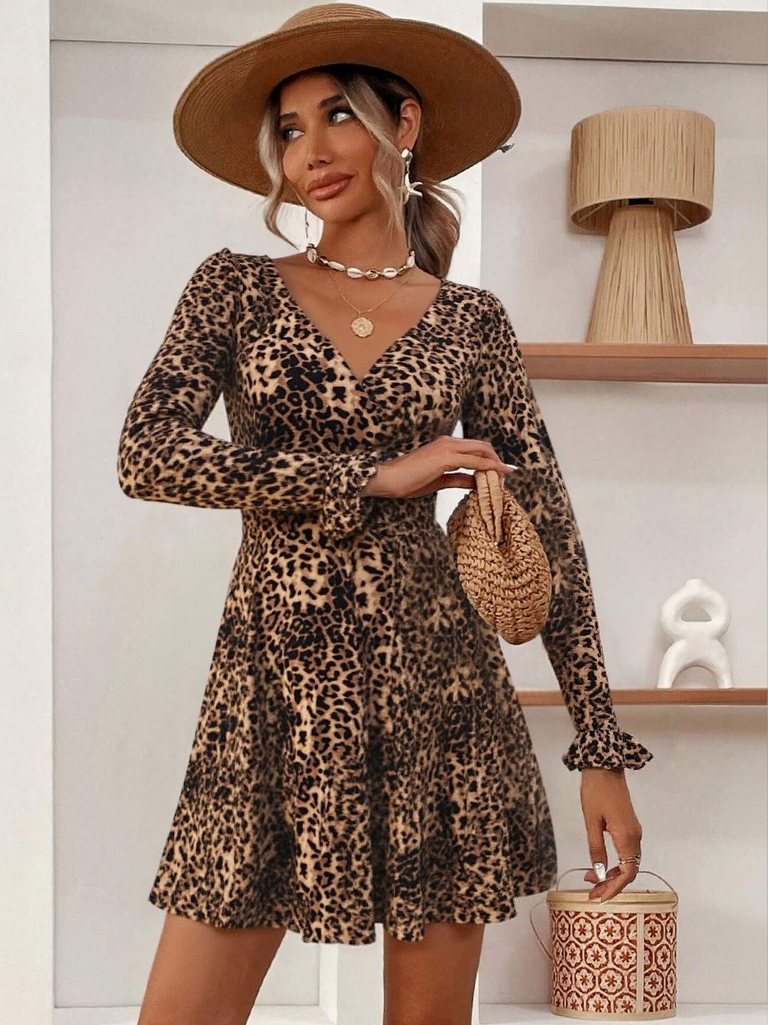 Women's Brown Animal Print Fit & Flare Mini Dress