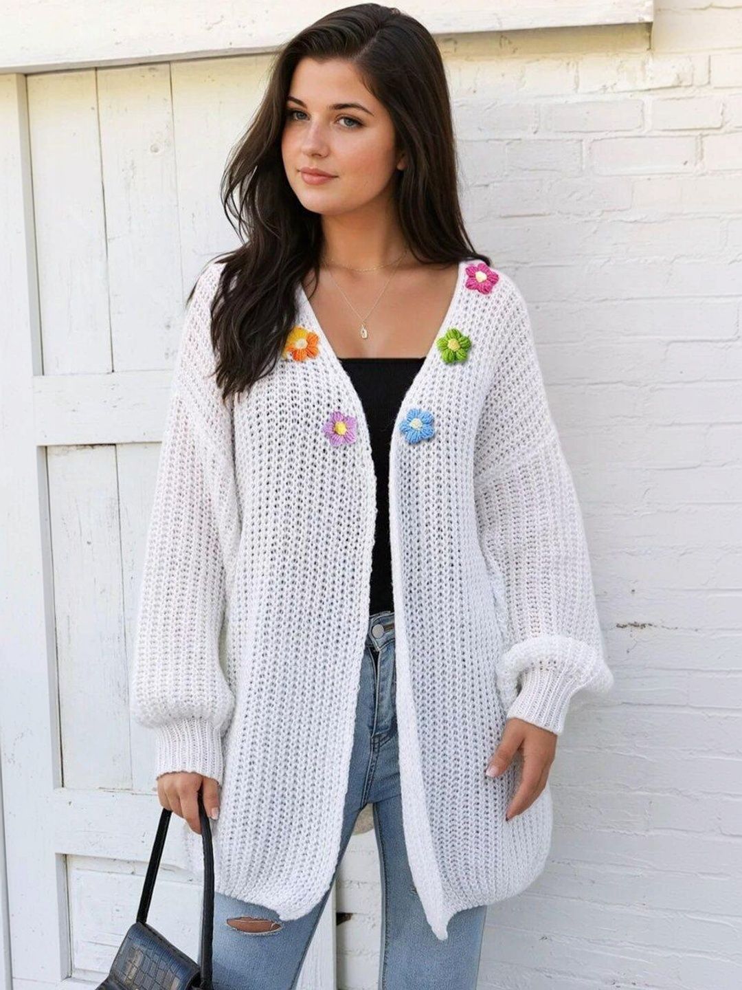 Ribbed Longline Cardigan with Applique Detail in White acrylic - Nowi Korean Fashion